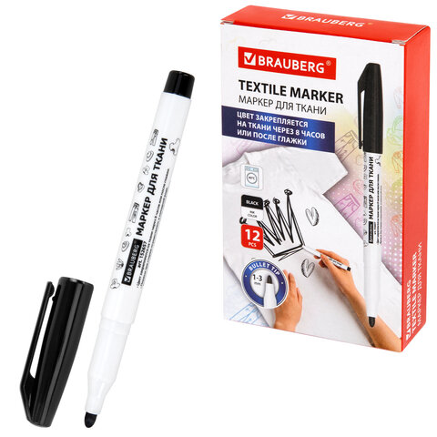 Маркер для ткани ЧЕРНЫЙ, TEXTILE MARKER, несмываемый, круглый наконечник 1-3 мм, BRAUBERG, 152657 - фото 1