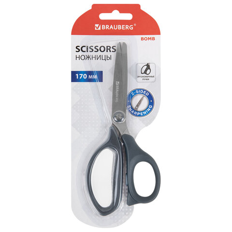 Ножницы BRAUBERG "BOMB", 170 мм, графитовый цвет, 2-сторонняя заточка, эргономичные, 238857 - фото 1