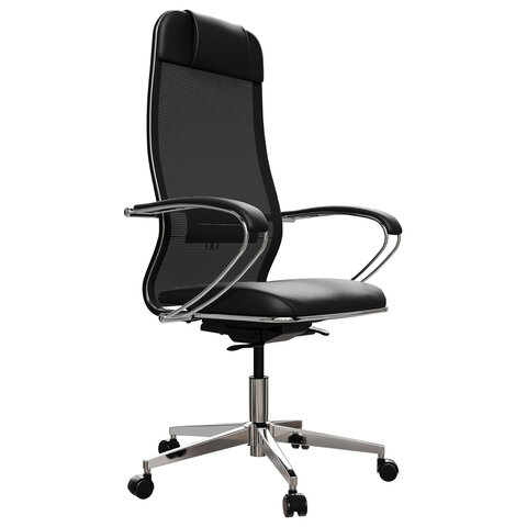 Кресло офисное МЕТТА "ErgoLife" Comfort, хром, сиденье мягкое, ткань-сетка/экокожа, черное - фото 1