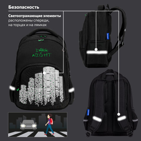 Рюкзак BRAUBERG SOFT, 2 отделения, 3 кармана, "Dark night", СВЕТООТРАЖАЮЩИЙ ПРИНТ, 40х31х15 см, 273119 - фото 17