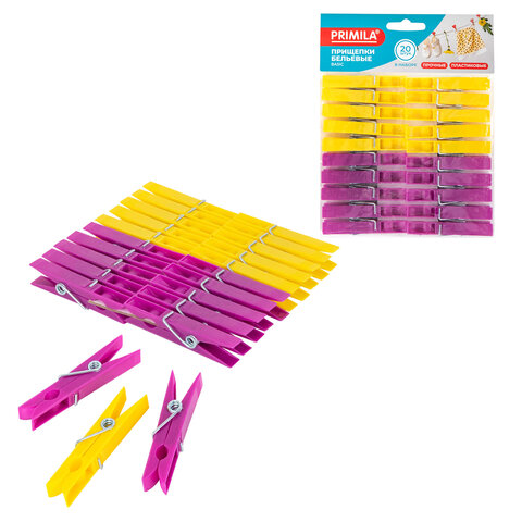 Прищепки бельевые 7 см, КОМПЛЕКТ 20 штук, пластик, ассорти, PRIMILA (ПРИМИЛА) BASIC, 700514 - фото 1