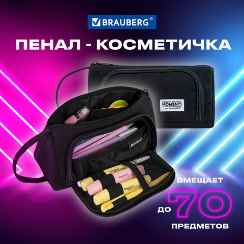 Пенал-косметичка BRAUBERG с ручкой, 1 откидная планка, полиэстер, 22x10х8 см, Black, 272339 - фото 11