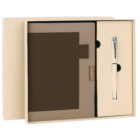 Ежедневник в наборе с ручкой А5, 144x210 мм, BRAUBERG "Style" под кожу, 160 листов, бежевый, 116861 - фото 1