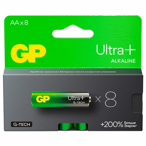 Батарейки КОМПЛЕКТ 8 шт., GP Ultra Plus G-Tech, AA (LR6), алкалиновые, пальчиковые, 15AUPA21-2CRB8 - фото 1