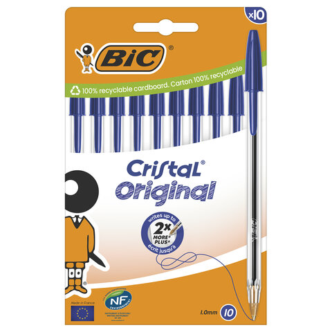Ручки шариковые BIC "Cristal Original", НАБОР 10 шт., СИНИЕ, узел 1 мм, линия письма 0,32 мм, пакет, 830863 - фото 1