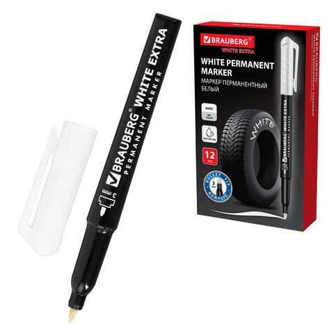 Маркер перманентный BRAUBERG WHITE EXTRA, БЕЛЫЙ, круглый наконечник 3 мм, 152488 - фото 1
