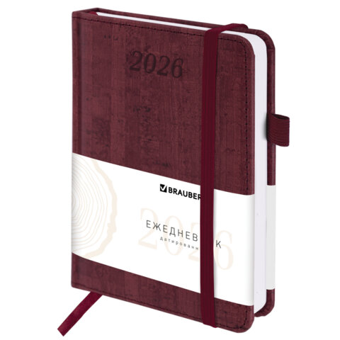 Ежедневник датированный 2026 МАЛЫЙ ФОРМАТ 100х150 мм, А6, BRAUBERG Wood, под кожу, бордовый, 117265 - фото 1