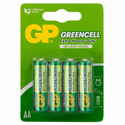 Батарейки КОМПЛЕКТ 4 шт., GP GreenCell AA (R6, 15G), солевые, пальчиковые, блистер, 15G-2CR4 - фото 1