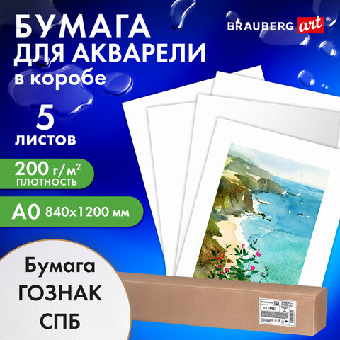 Бумага для акварели А0 (1200х840 мм), 5 листов, среднее зерно, 200 г/м2, ГОЗНАК, BRAUBERG ART CLASSIC, 114487 - фото 4