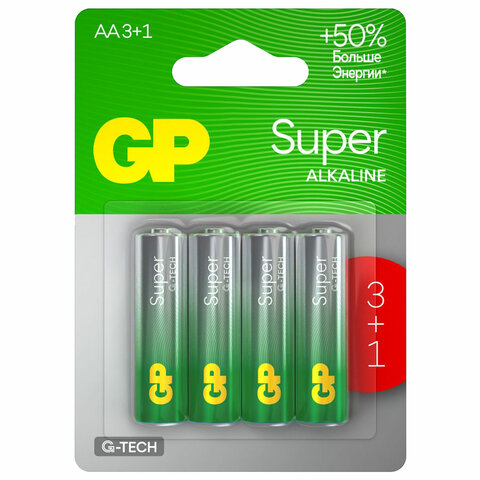 Батарейки КОМПЛЕКТ 4 шт., GP Super, AA (LR6,15А), алкалиновые, пальчиковые, ПРОМО 3+1, 15A3/1-2CR4 - фото 1