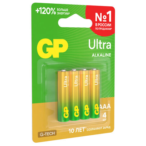 Батарейки КОМПЛЕКТ 4 шт., GP Ultra G-Tech, AAA (LR03, 24А), алкалиновые, мизинчиковые, 24AUA21-2CRSBC4 - фото 5