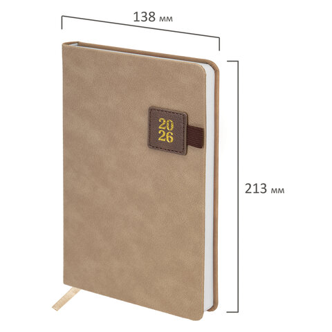 Ежедневник датированный 2026 А5 138х213 мм, BRAUBERG "Accent", под кожу, держатель, бежевый/коричневый, 117388 - фото 2