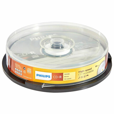 Диски CD-R PHILIPS, 700 Мб, 52x, Cake Box (упаковка на шпиле), КОМПЛЕКТ 10 шт., CR7D5SB10/97 - фото 1