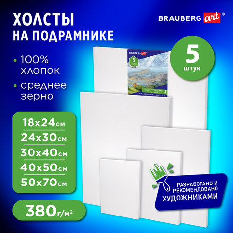 Холсты на подрамнике BRAUBERG ART CLASSIC, НАБОР 5 шт., грунтованные, 100% хлопок, среднее зерно, 190650 - фото 6