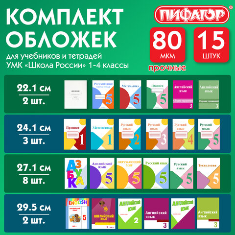Обложки ПП для тетрадей и учебников, НАБОР 15 шт., КЛЕЙКИЙ КРАЙ, 80 мкм, универсальные, прозрачные, ПИФАГОР, 271264 - фото 4