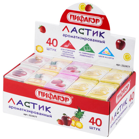 Ластик ПИФАГОР "Фрукты", 35х21х9 мм, ароматизированный, ассорти, картонный держатель, 222477 - фото 8