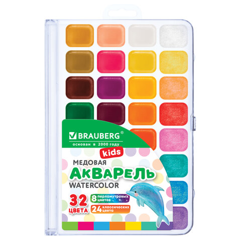 Краски акварельные BRAUBERG KIDS NEW, медовые, 32 цвета (24 базовых + 8 перламутр), квадратные кюветы, пластик. пенал с европодвесом, 192799 - фото 1