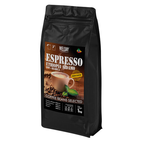 Кофе в зернах WELDAY (ВЭЛДЭЙ) "ESPRESSO ЭФИОПИЯ СИДАМО" 1 кг, арабика 100%, 624399 - фото 1