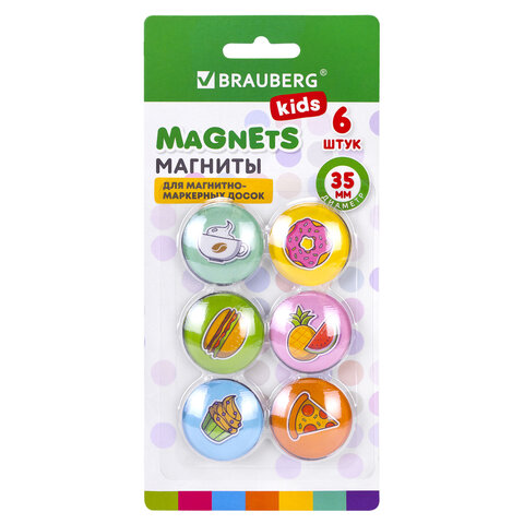 Магниты стеклянные 35 мм для досок магнитно-маркерных НАБОР 6 шт., "3D Street Food" BRAUBERG KIDS, круглые, блистер, 272515 - фото 1