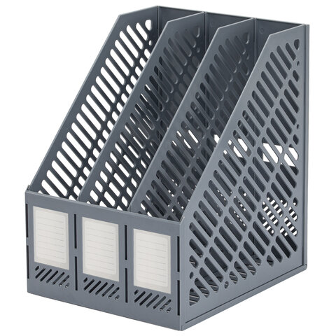 Лоток вертикальный для бумаг BRAUBERG "Office-Expert", 215 мм, 3 отделения, сборный, серый, 238018 - фото 1