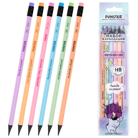 Набор карандашей чернографитных с мотивирующей надписью FUNSTER (ФАНСТЕР) FUNNY NOTES PSTL, 6 штук, HB, с ластиком, 182041 - фото 1