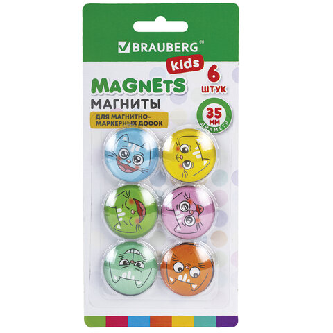 Магниты стеклянные 35 мм для досок магнитно-маркерных, НАБОР 6 шт., "3D Коты", BRAUBERG KIDS, круглые, блистер, 272516 - фото 1