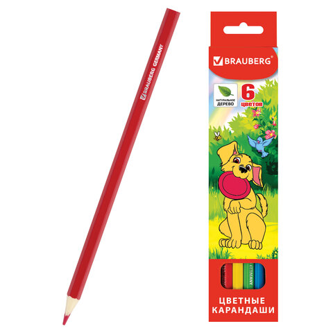Карандаши цветные BRAUBERG "My lovely dogs", 6 цветов, шестигранные, грифель 3 мм, натуральное дерево, 180518 - фото 1