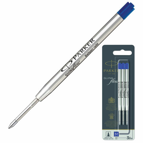 Стержень шариковый PARKER "Quinkflow", КОМПЛЕКТ 3 шт., металлический, 98 мм, узел 1 мм, блистер, синий, 2119152 - фото 1