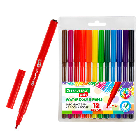 Фломастеры BRAUBERG KIDS КЛАССИЧЕСКИЕ 12 цветов, вентилируемый колпачок, ПВХ-упаковка, 152601 - фото 1