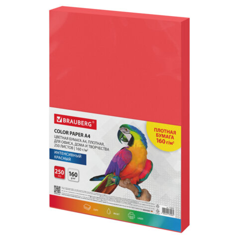 Бумага цветная ПЛОТНАЯ BRAUBERG, А4, 160 г/м2, 250 л., красная, интенсив, для печати, творчества, 116672 - фото 1