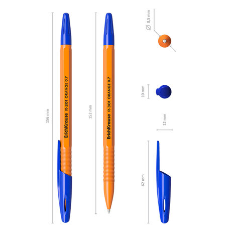 Ручка шариковая ERICH KRAUSE "R-301 Orange", СИНЯЯ, корпус оранжевый, узел 0,7 мм, линия письма 0,35 мм, 43194 - фото 3