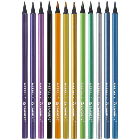Карандаши цветные BRAUBERG METALLIC, 12 цветов металлик, трехгранные, грифель 3 мм, черное дерево, 181853 - фото 3