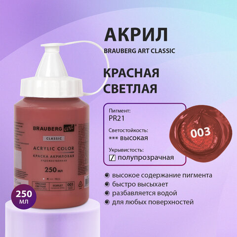 Краска акриловая художественная BRAUBERG ART CLASSIC, флакон 250 мл, КРАСНАЯ СВЕТЛАЯ, 191707 - фото 7