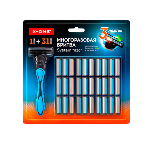 Бритвенный станок многоразовый мужской, 3 лезвия, 31 кассета, синий, X-ONE (ИКС-УАН), 700024 - фото 3