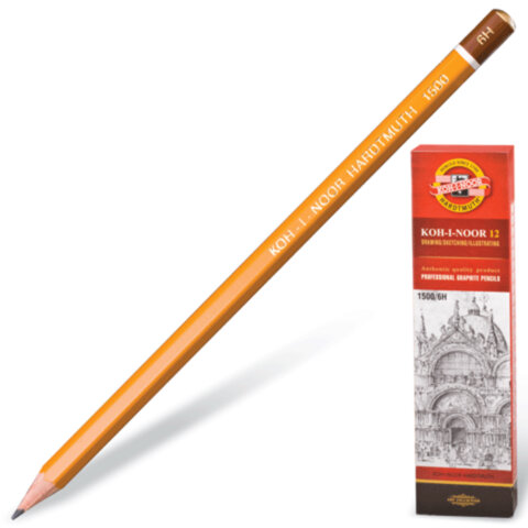 Карандаш чернографитный KOH-I-NOOR 1500, 1 шт., 6H, корпус желтый, заточенный, 150006H01170 - фото 1