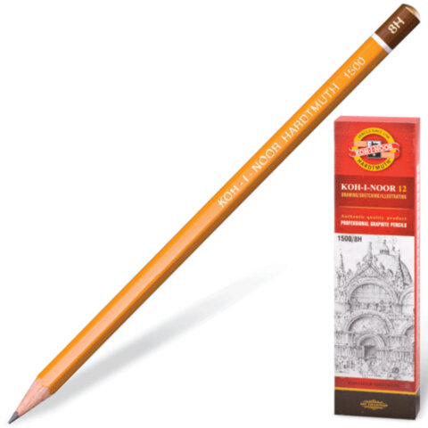 Карандаш чернографитный KOH-I-NOOR 1500, 1 шт., 8H, корпус желтый, заточенный, 150008H01170 - фото 1