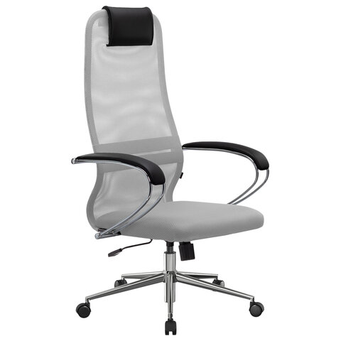 Кресло офисное МЕТТА "SU-B-8" хром, ткань-сетка, сиденье мягкое, светло-серое - фото 2