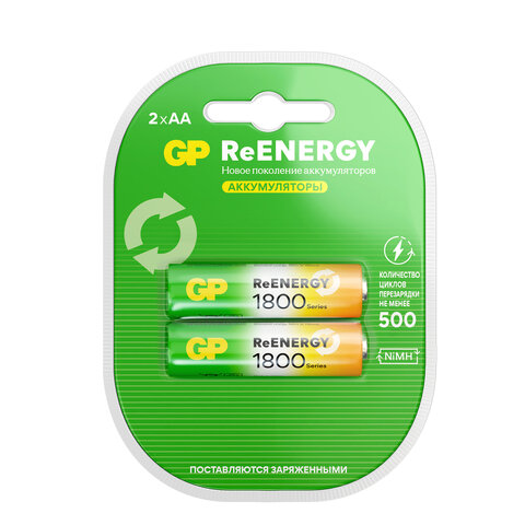 Батарейки аккумуляторные GP ReEnergy Ni-Mh пальчиковые КОМПЛЕКТ 2 шт., AA (HR6), 1800 mAh, 180AAHCRGY, 180AAHCRGY-2CRC - фото 1
