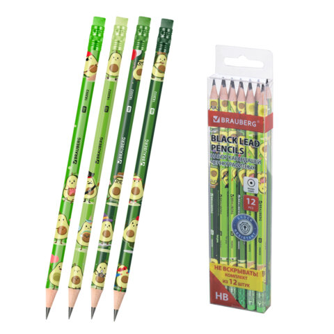 Набор карандашей чернографитных с принтом BRAUBERG "AVOCADO", 12 штук, HB, с ластиком, корпус ассорти, 182032 - фото 1