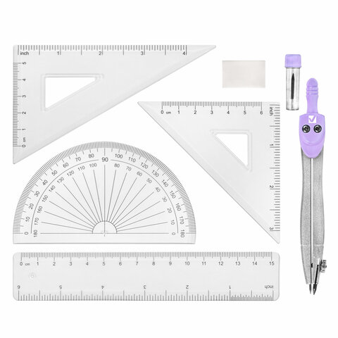 Готовальня BRAUBERG SCHOOL KIT, 8 предметов, циркуль 115 мм, чертежные принадлежности, лавандовый цвет, 210703 - фото 2