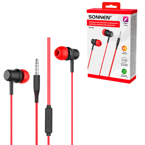 Наушники проводные внутриканальные с микрофоном SONNEN EP-H47RB, 1,1 м, красные/черные, 514129 - фото 1