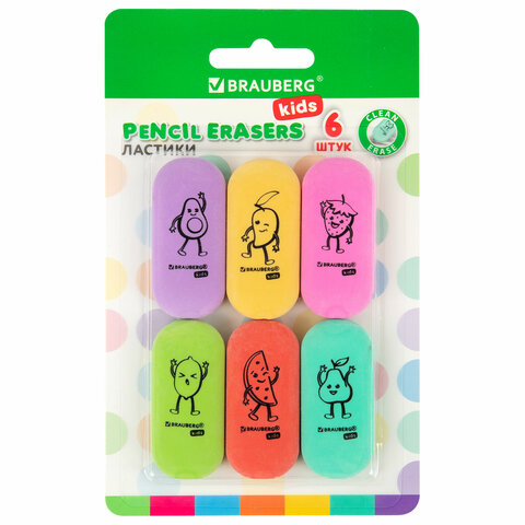 Ластики BRAUBERG KIDS "Fruits", НАБОР 6 штук, 50х23х10 мм, овальные, ассорти, 272669 - фото 10