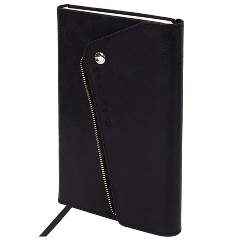 Ежедневник датированный 2026, А5, 145х213 мм, BRAUBERG "Jacket", под кожу, клапан, держатель, черный, 117399 - фото 1