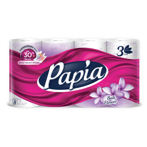 Бумага туалетная быт., спайка 8 шт., 3-слойная (8х16,5 м), PAPIA, аромат "Балийский цветок", 5080738 - фото 1