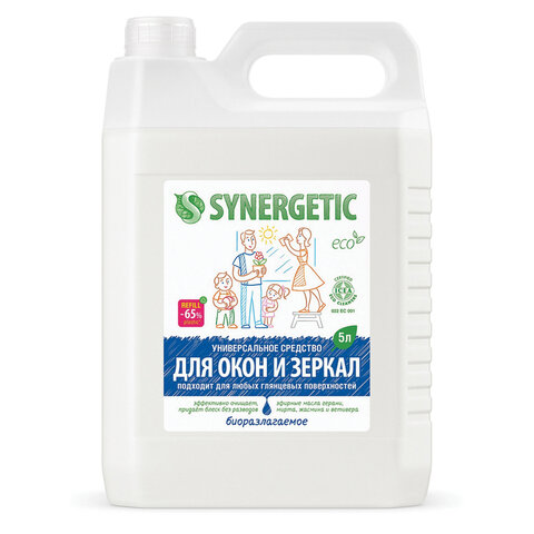 Средство для мытья стекол и зеркал с антибактериальным эффектом 5 л SYNERGETIC, биоразлагаемое, 96 - фото 1