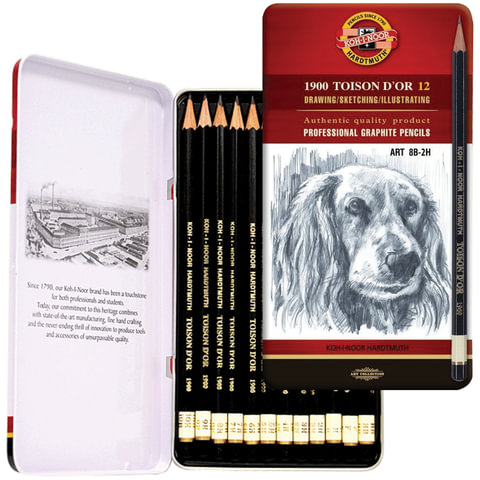 Карандаши чернографитные KOH-I-NOOR "Toison D'or", НАБОР 12 шт., 8B-2H, металлическая коробка, 1912012001PL, 1912012001PLRU - фото 2