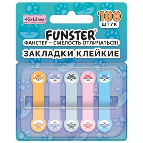 Закладки клейкие Z-сложения FUNSTER (ФАНСТЕР) "Собаки", 45х12 мм, 100 шт. (5 цветов х 20 листов), в диспенсере, 116692 - фото 1