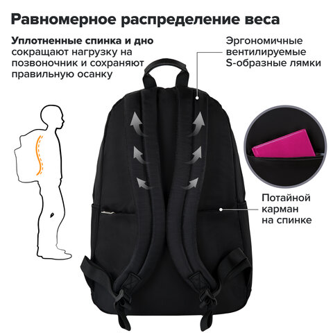 Рюкзак BRAUBERG FASHION CITY универсальный, карман-антивор, Hug me, черный, 44х31х16 см, 272570 - фото 12
