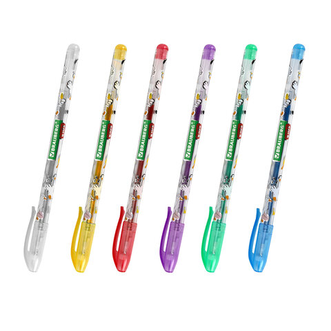 Ручки гелевые С БЛЕСТКАМИ BRAUBERG KIDS "CUTE ANIMALS", НАБОР 6 ЦВЕТОВ, корпус с печатью, узел 1 мм, линия письма 0,7 мм, 144443 - фото 3