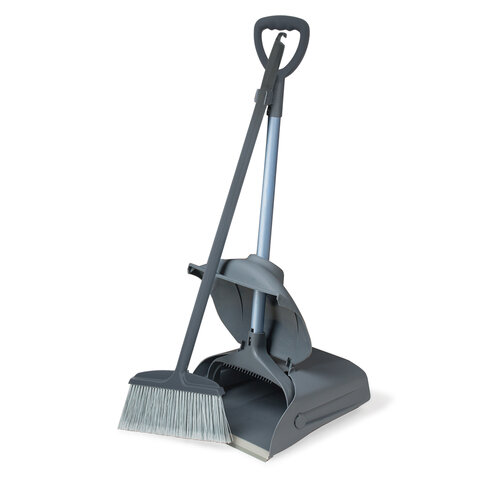 Совок для мусора КОМПЛЕКТ щетка + 2 рукоятки по 94 см, закрывающаяся крышка ЛОВУШКА, серый LAIMA PROFESSIONAL, 601508 - фото 1